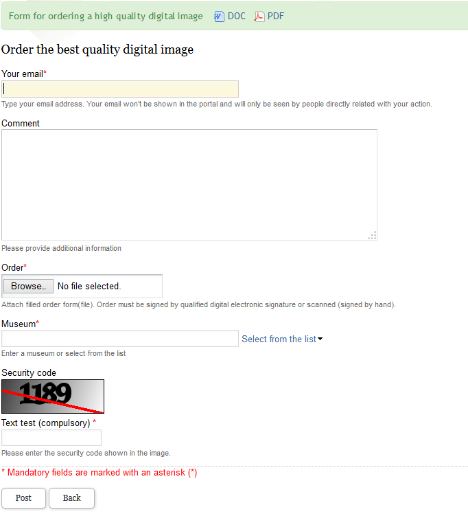 Form for ordering a high quality digital image (general form)