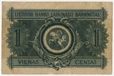 Lietuvos Banko laikinasis banknotas 1 vienas centas 1 1922 m. rugsėjo 10 d.