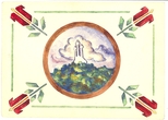 Savadarbis atvirukas su Trijų Kryžių kalno vaizdu ir trispalvės motyvu