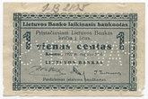 Lietuvos Banko laikinasis banknotas. 1 centas