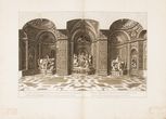 Veiie du fonds de la Grotte de Versailles, orne de trois Grouppes de mabre blanc, qui representent le Soleil au milieu des Nymphes de Thetis, et ses cheuaux penser par des Tritons