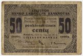 LIETUVOS BANKO LAIKINASIS BANKNOTAS / 50 penkiosdešimts centų 50 / 1922 m. rugsėjo 10 d.