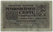 LIETUVOS BANKO BANKNOTAS / 50 PENKIOSDEŠIMTYS CENTŲ / 1922 m. lapkričio 16 d. laida
