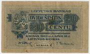 LIETUVOS BANKO BANKNOTAS / DVIDEŠIMTIS 20 CENTŲ / 1922 m. lapkričio 16 d. laida