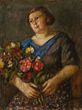 Moteris su gėlių puokšte