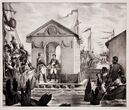 Litografija. Napoleono ir Aleksandro I susitikimas Nemune prie Tilžės. 1807 m. birželio 25 d. Aut. C. Motte