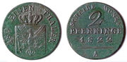 Moneta. Prūsija. Frydrichas Vilhelmas III. 2 pfenigai. 1822