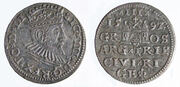 Moneta. Ryga. Zigmantas III Vaza. 3 grašiai. 1592