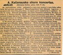 Iškarpa iš laikraščio. „A. Kačanausko choro koncertas (Baltosios gulbės salėje)". Aut. J. Bendorius. 1929 m.