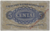 Banknoto pavyzdys. Lietuva. 5 centai. 1922 11 16 laida. Reversas.